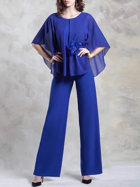 

Crew Neck Elegant Plain Two-Piece Set, Blue, Suit Set