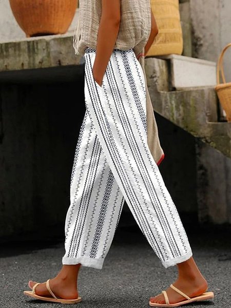 

Casual Striped Long Pocket Stitching Pant, White, Pants