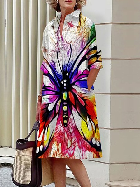 Daily Butterfly Print Urban Loose Shirt Dress, White, Midi Dresses