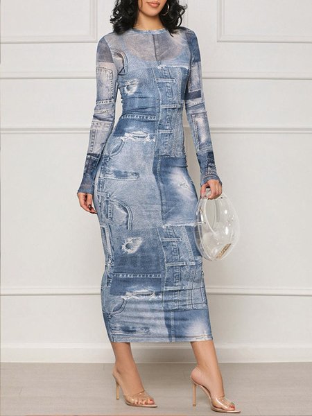 

Plus Size Urban Crew Neck Regular Fit Abstract Print Dress, Blue, Plus Dresses