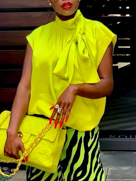 

Loose Stand Collar Vacation Plain Shirt, Yellow, Blouses and Shirts