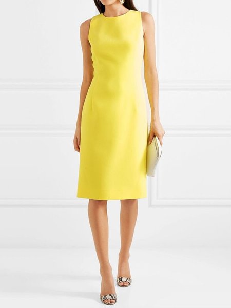 

Regular Fit Urban Plain Crew Neck Dress, Yellow, Midi Dresses
