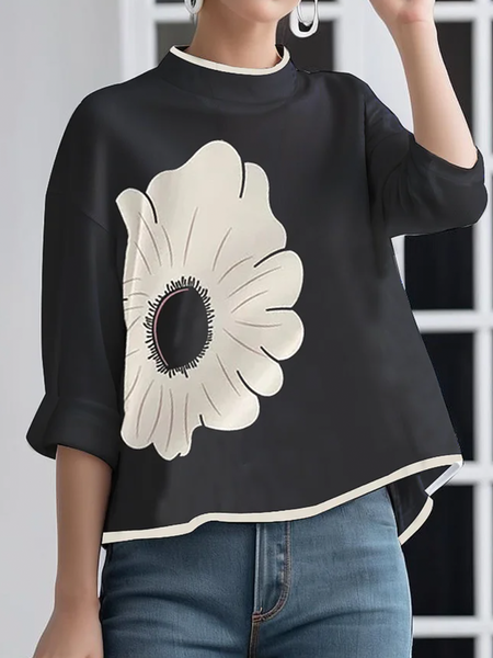 

Plus Size Loose Stand Collar Three Quarter Sleeve Urban Floral Shirt, Black, Plus Tops