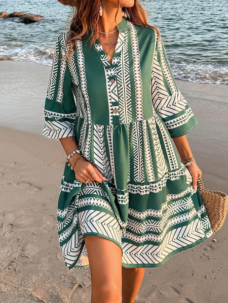 

Vacation V Neck Striped Dress, Green, Dresses