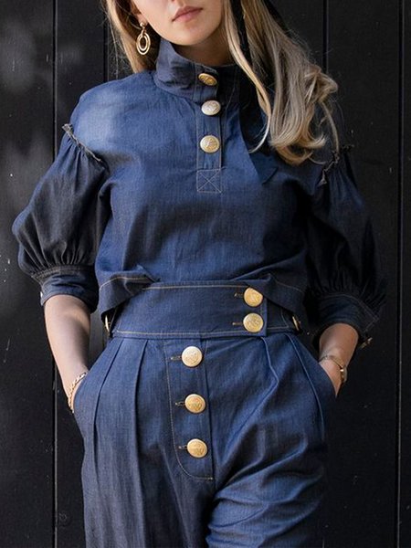 

Stand Collar Urban Crop Denim Blouse, Blue, Blouses and Shirts