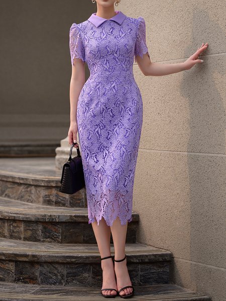 

Elegant Shirt Collar Regular Fit Plain Dress, Purple, Maxi Dresses