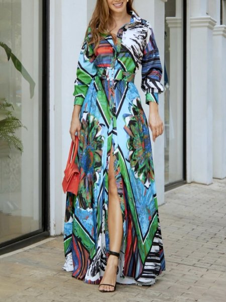 

Floral Shirt Collar Regular Fit Urban Dress With Belt, Green, Maxi Dresses