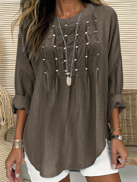 

Plain Casual Cotton Crew Neck Linen Style Shirt, Brown, Blouses & Shirts