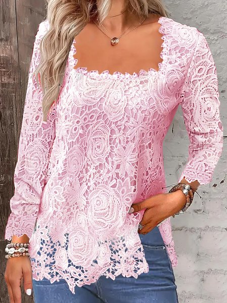 

Women Blouse Lace Square Neck Long Sleeve Plain Regular Loose Shirt, Pink, Blouses