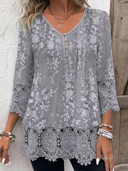 

Casual Floral Crew Neck Loose Linen Style Shirt, Gray, Blouses & Shirts