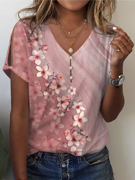 

Casual Floral V Neck Short Sleeve T-shirt, Pink, T-shirts