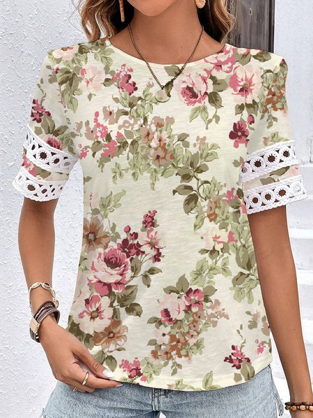 

Casual Floral T-Shirt, Apricot, T-Shirts