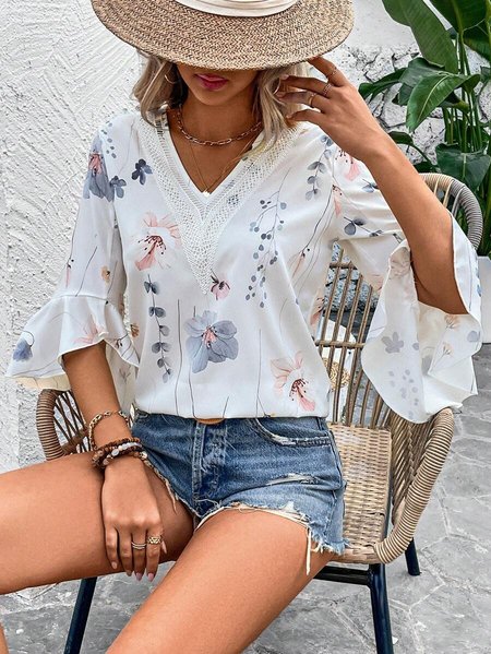 

Flare Sleeve Casual Loose Floral V Neck Shirt, White, Shirts & Blouses