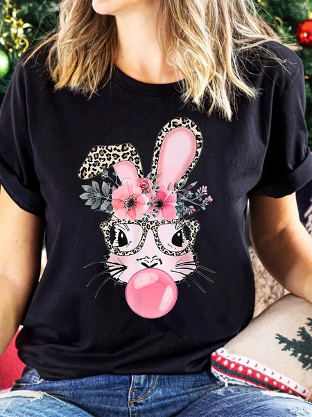 

Cotton Crew Neck Rabbit Casual T-Shirt, Black, T-Shirts