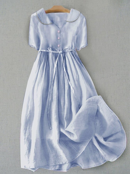 

Casual V Neck Loose Plain Linen Style Dress With Belt, Blue, Maxi Dresses