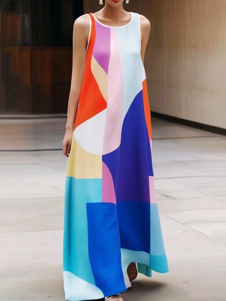 

Casual Crew Neck Loose Abstract Graphic Dress, As picture, Maxi Dresses