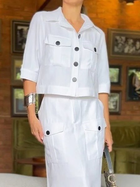 

Plain Urban Pockets Half Sleeve Shirt Collar Blouse, White, Blouses and Shirts