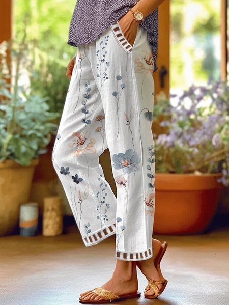 

Loose Casual Floral Pocket Stitching Pants, White, Pants