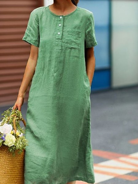 

Loose Crew Neck Cotton And Linen Casual Dress, Green, Dresses