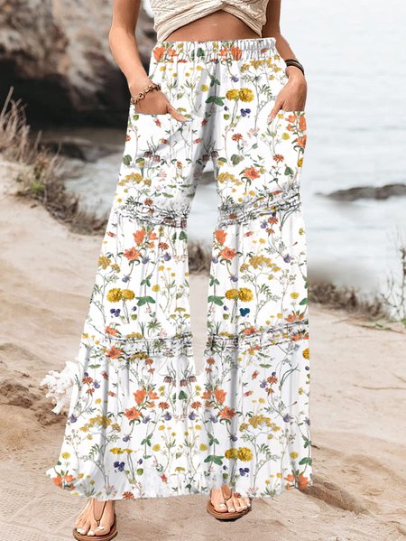 

Casual Floral Long Pocket Stitching Pant, White, Pants