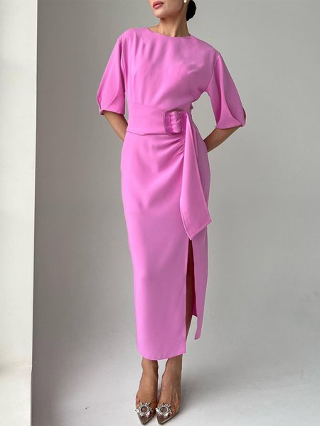 

Elegant Plain Crew Neck Half Sleeve Dress With Belt, Pink, Maxi Dresses