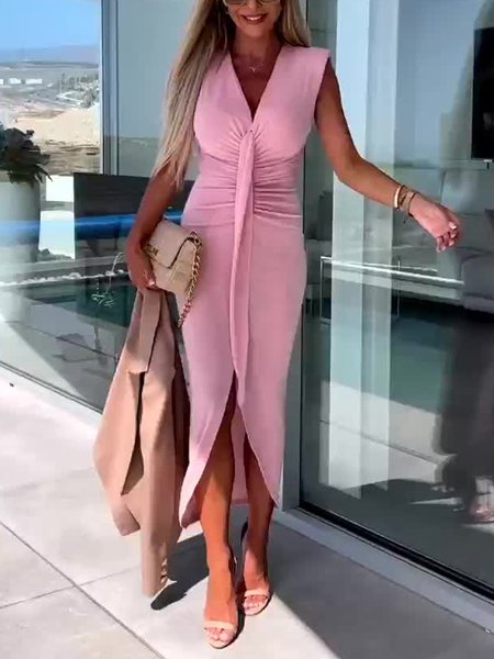

Tight Plain V Neck Elegant Midi Dress With No Belt, Pink, Midi Dresses