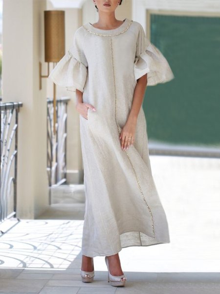 

Plain Loose Elegant Crew Neck Short Sleeve Maxi Dress With No Belt, As picture, Maxi Dresses
