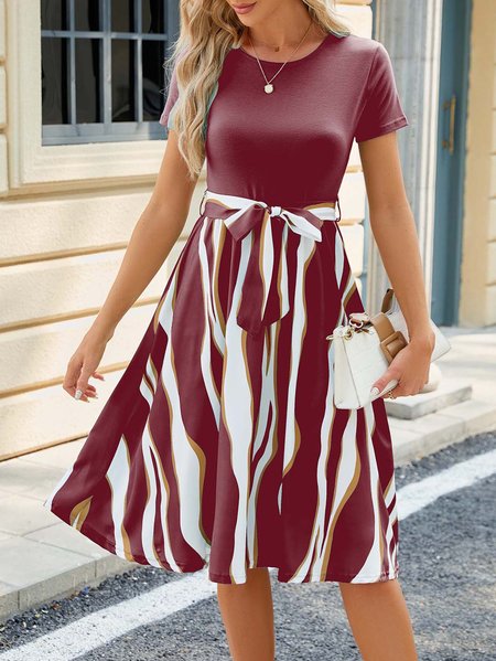 

Women Striped Crew Neck Short Sleeve Comfy Casual Midi Dress, Wine red, Midi