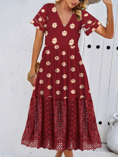 

Women Embroidery Patterns V Neck Short Sleeve Comfy Casual Midi Dress, Red, Midi