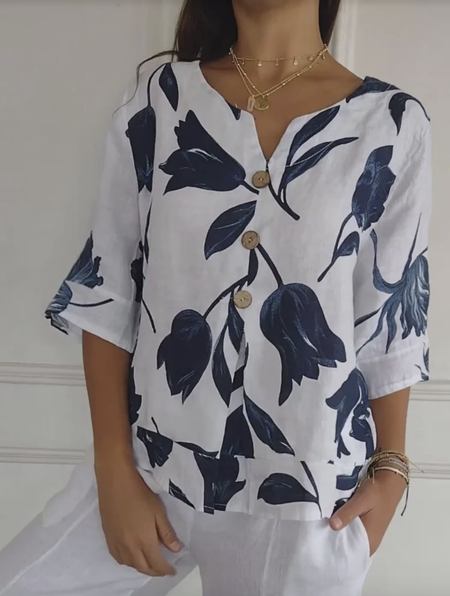 

Floral Simple V Neck Loose Linen Style Blouse, Blue, Blouses & Shirts