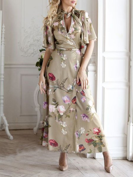 

Elegant V Neck Floral Regular Fit Dress With No Belt, As picture, Maxi Dresses