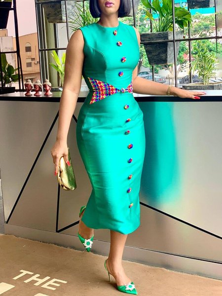 

Elegant Tight Color Block Sleeveless Dress, Cyan, Midi Dresses