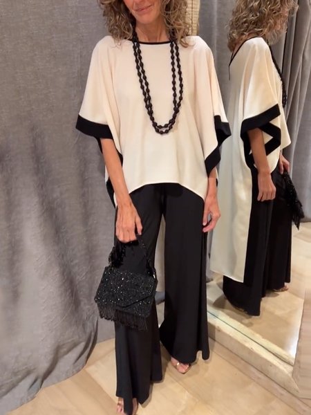 

Loose Crew Neck Urban Color Block Shirt, Black-white, Blouses and Shirts