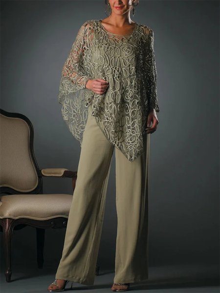

Lace crew neck top trousers set, Green, Suit Set