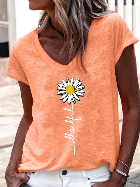 

Women's Thankful Daisy V Neck Regular Fit Cotton-Blend Casual T-Shirt, Orange, T-shirts