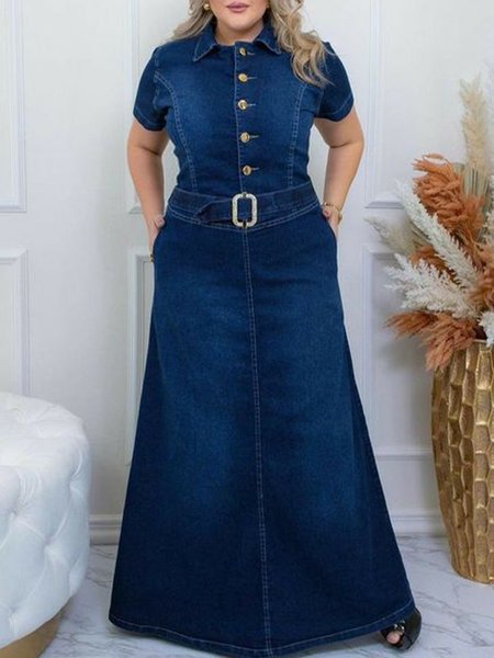 

Plain Shirt Collar Urban Denim Dress With Belt, Blue, Maxi Dresses