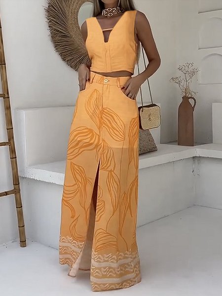 

Daily Urban Regular Fit V Neck Two-Piece Set, Orange, Two-piece Set