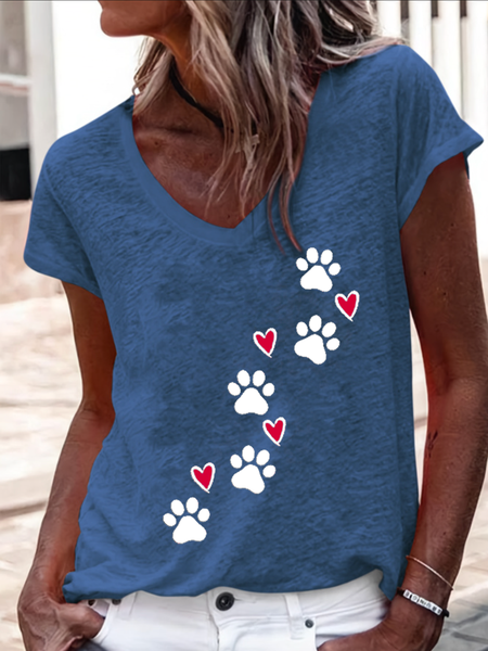 Heart Dog V Neck Regular Fit Cotton Blend Casual T Shirt