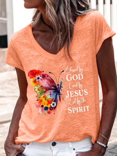 

Blessed By God Loved By Jesus Led By The Spirit Casual Regular Fit V Neck Plain T-Shirt, Orange, T-shirts