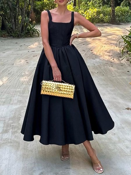 

Elegant Plain Square Neck Regular Fit Dress, Black, Maxi Dresses