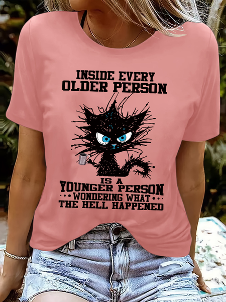 

Women's funny grumpy cat Inside Every Older Person Is A Younger Person Letters Casual Crew Neck T-Shirt, Pink, T-shirts