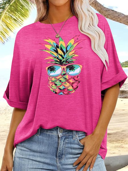 

Casual Fruit Loose Crew Neck T-Shirt, Rose red, T-Shirts