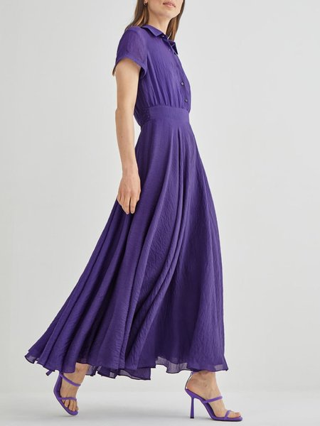 

Elegant Shirt Collar Plain Short Sleeve Dress, Purple, Maxi Dresses