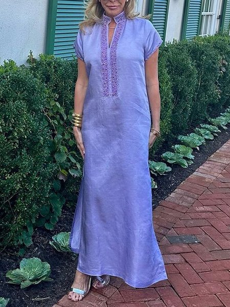 

Elegant Loose Plain Stand Collar Dress, Purple, Maxi Dresses