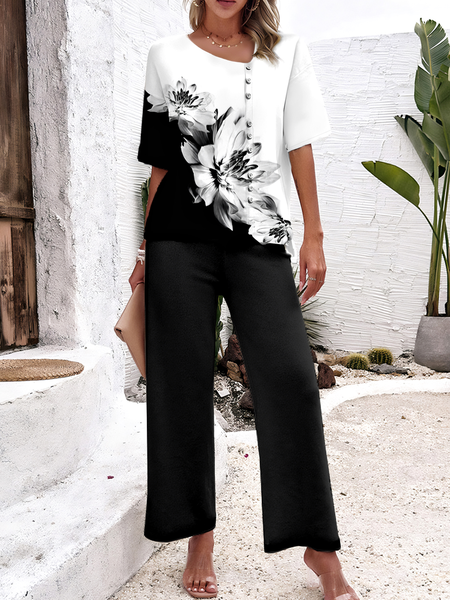 

Women Black And White Asymmetrical Short Sleeve Comfy Casual Top With Pants Two-Piece Set, Black-white, Sets