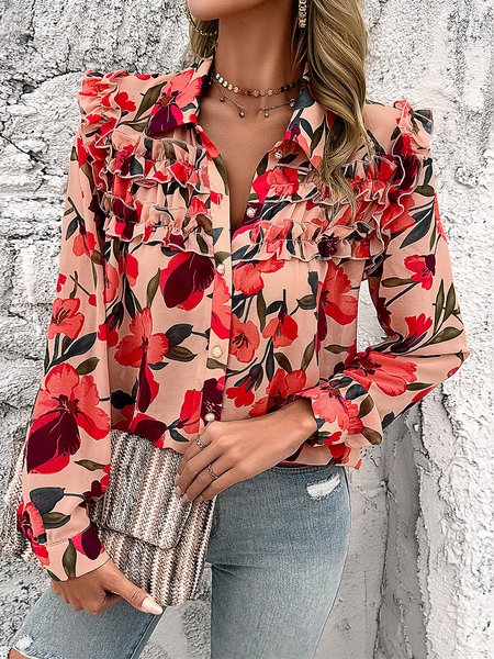 

Shirt Collar Long Sleeve Floral Regular Loose Blouse For Women, Pink, Shirts