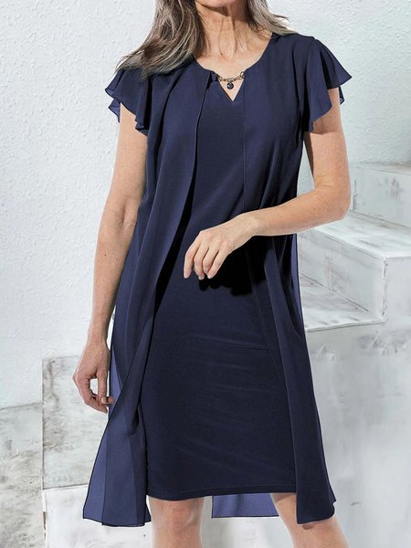 

Elegant Loose Lace Ruffled Sleeves Plain Dress, Dark blue, Dresses
