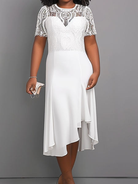 

Crew Neck Elegant Lace Dress, White, Dresses