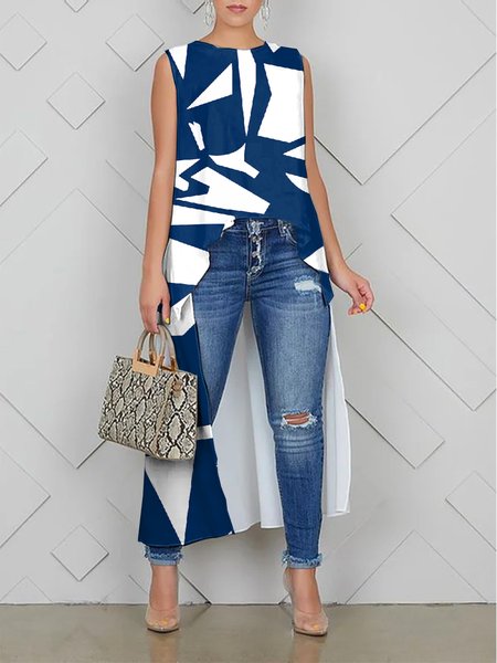 

Crew Neck Casual Geometric Shirt, White-blue, Blouses and Shirts