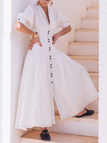 

Regular Fit Plain Urban Shawl Collar Dress, Off white, Maxi Dresses